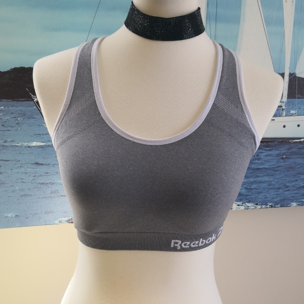 Reebok Gray and White Sports Bra Racerback Design